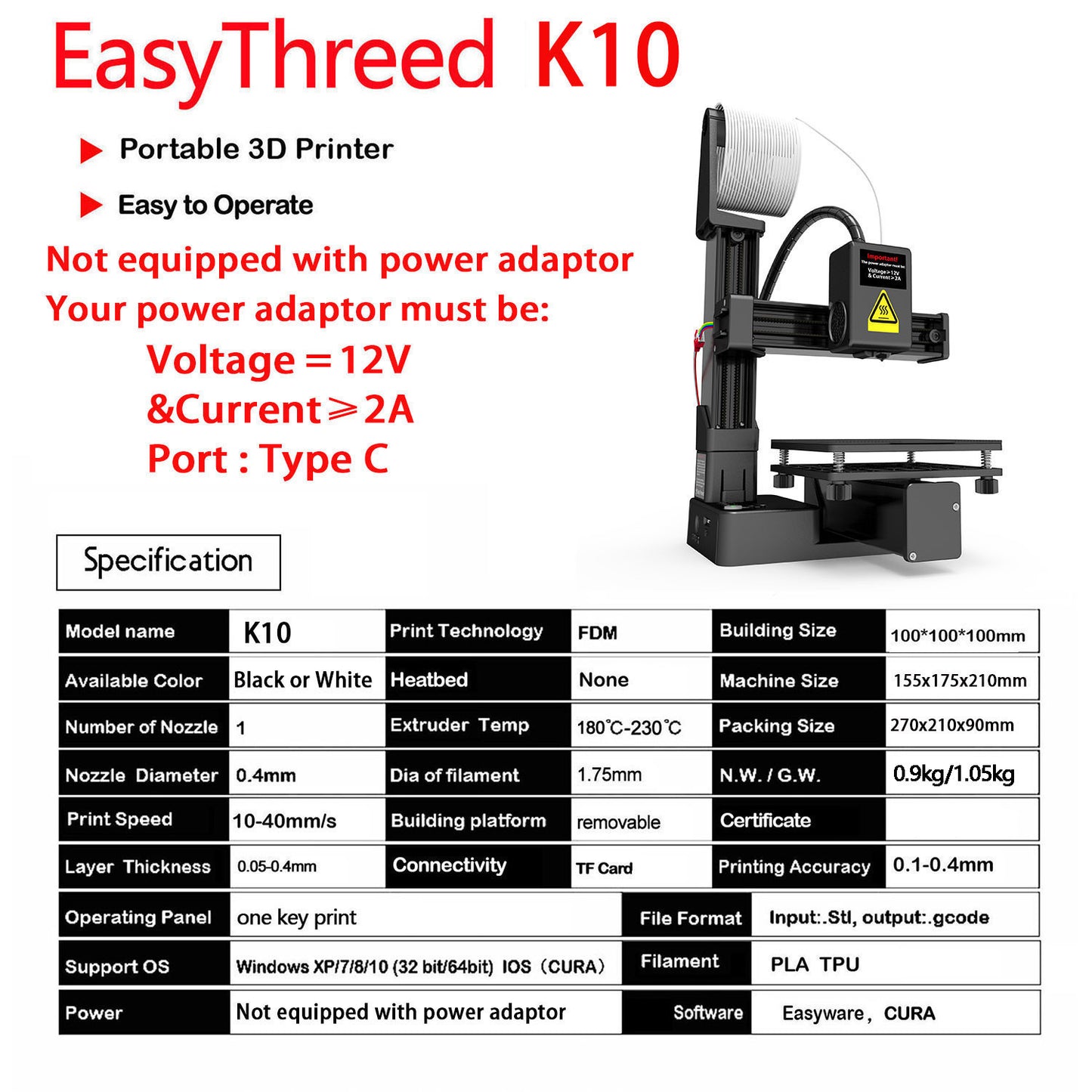 EasyThreed 3D 列印機 K10 入門級 支援 TPU PLA 1.75mm