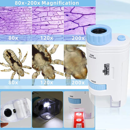 Children's Microscope 60x-200x Biological Microscope Set Portable Microscope Microbiology Exploration for Elementary Students